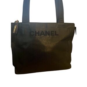 CHANEL Black Pebbled Leather Logo Tote